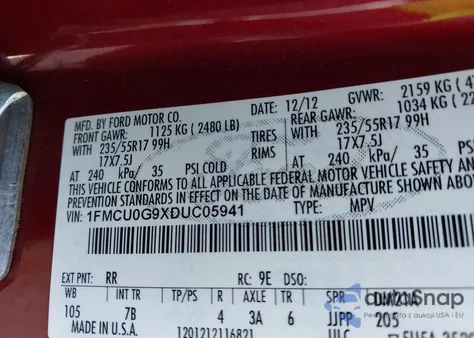 2013 Ford Escape Se from USA, damaged, VIN 1FMCU0G9XDUC05941